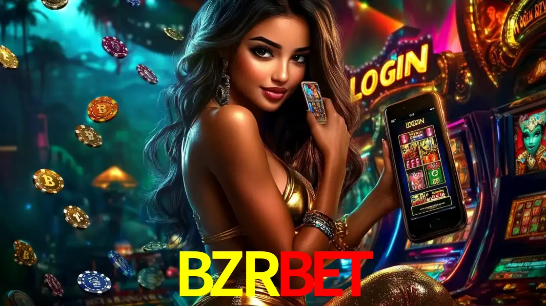 Mulher em um cenário de cassino temático de aventura, mostrando o app de caça-níqueis da BZRBET no celular. Fichas de apostas flutuam ao redor.