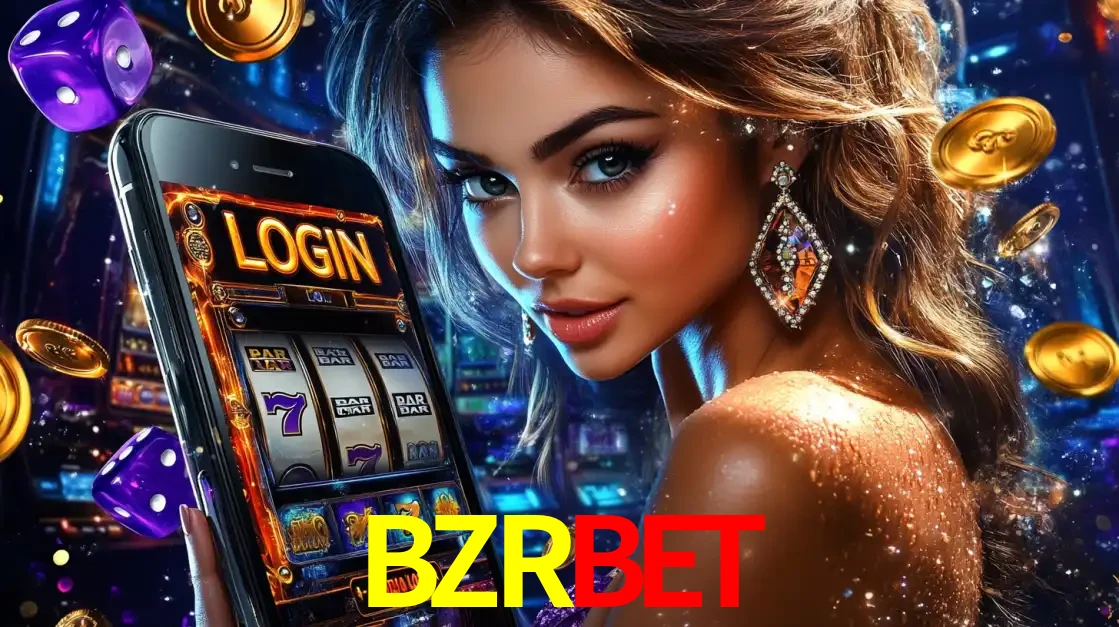 Mulher glamorosa segurando um smartphone com a tela de login para os jogos de caça-níqueis do cassino online BZRBET, com moedas de ouro e dados ao redor.