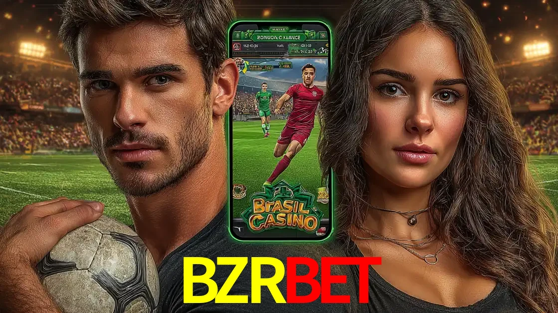 Homem segurando uma bola de futebol e uma mulher ao lado de um smartphone exibindo o jogo de apostas esportivas da BZRBET. Faça seu palpite no cassino online.